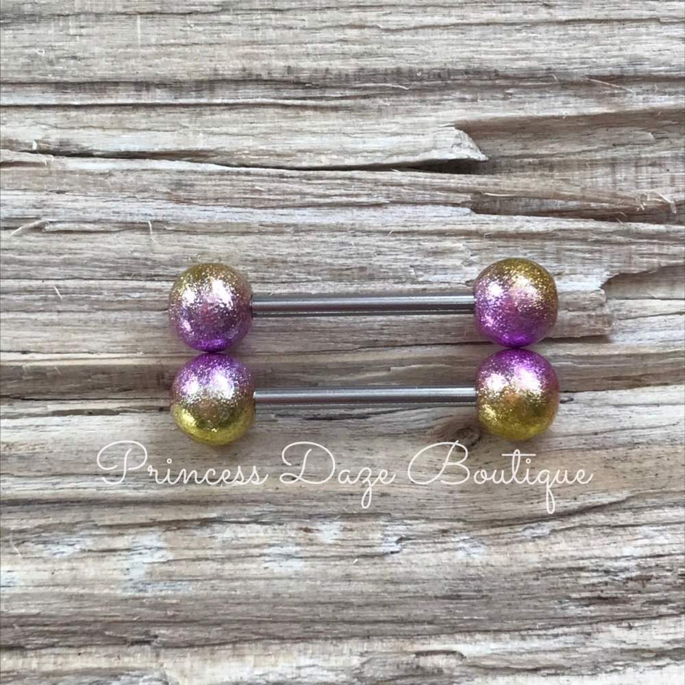 Purple Gold Glitter Ombre Nipple Ring Barbell Set Body Jewelry